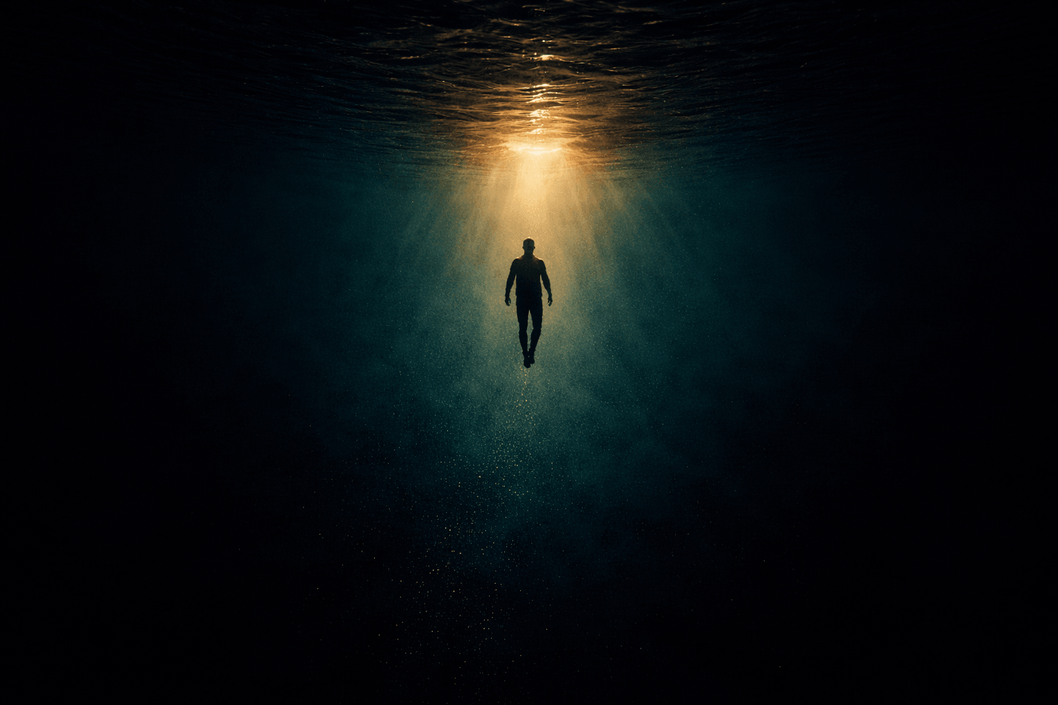 Figure ascending toward light through deep water