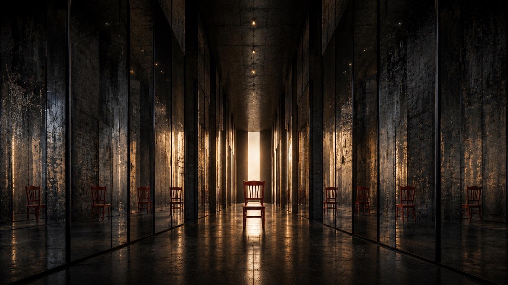 A single red chair in a dark hall of mirrors, a doorway of light at the end