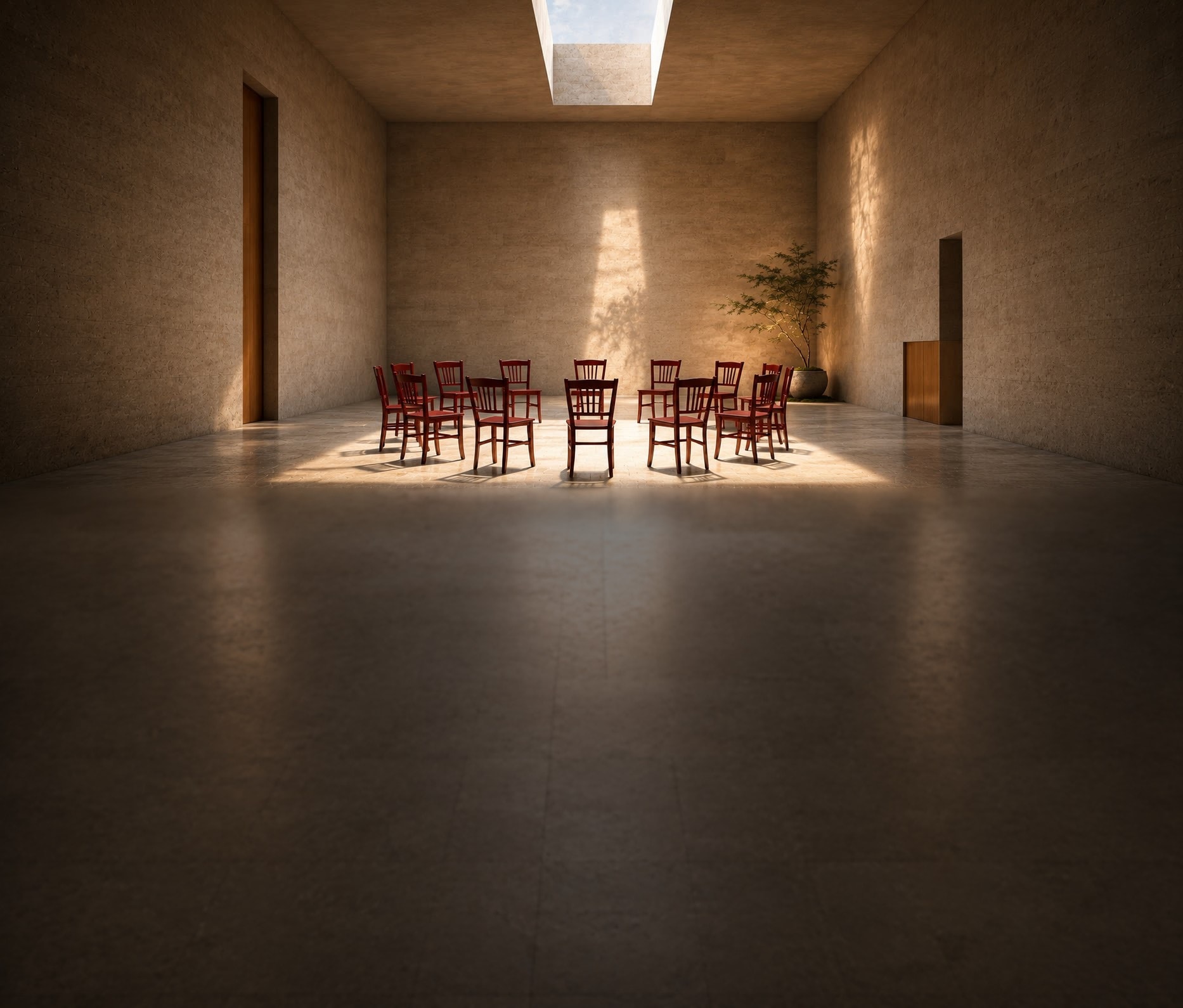 A circle of red chairs in a sunlit stone room